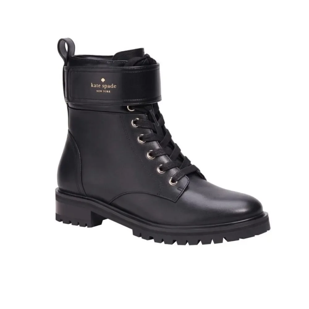 ♠️ Kate Spade NWT New York Joplin Black Leather Lace Up Combat Lug Sole Boots 9
